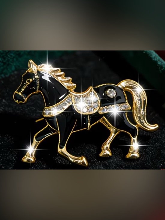 None Jewelry - EQUESTRIAN Black and Gold Horse Brooch with Crystal Accents